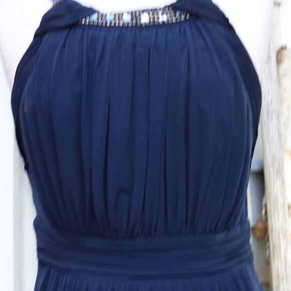 Sangria Navy Blue Knit Grecian Gathered Knit Rhinestone Trim Formal Maxi Dress - Picture 5 of 11